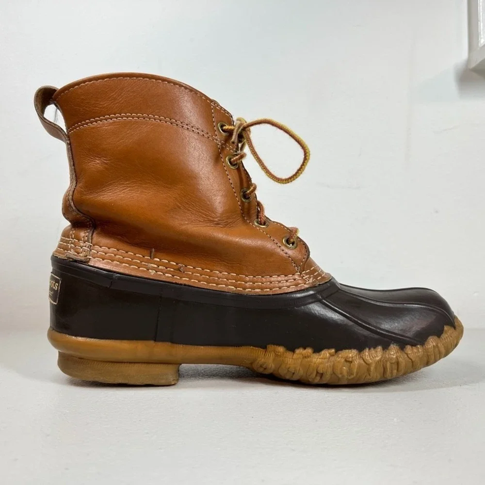 LL Bean Bean Boots Mens 9 M Leather Brown Rubber Waterproof‎ Made USA Duck VTG